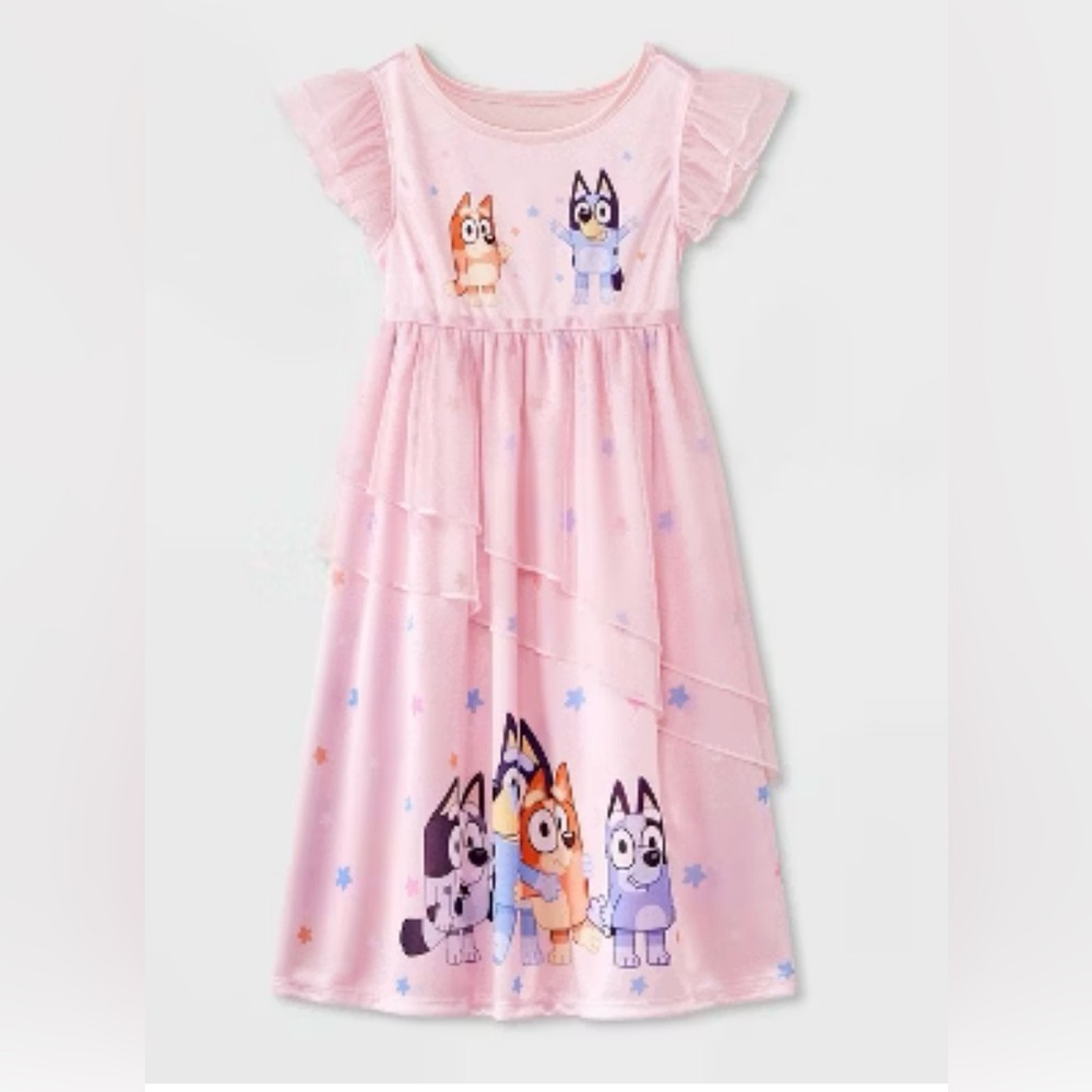 Bluey and Bingo Pink Nightgown with Cartoon Characters. NWT